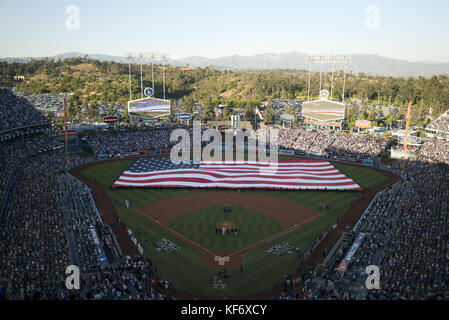 October 25, 2017 - Los Angeles, CALIFORNIA, UNITED STATES OF AMERICA - The American Flag is on display  before game two of the 2017 World Series between the Houston Astros and the Los Angeles Dodgers at Dodger Stadium on October 25, 2017 in Los Angeles, California. The Houston Astros won the game 7-6 .ARMANDO ARORIZO. (Credit Image: © Armando Arorizo/Prensa Internacional via ZUMA Wire) Stock Photo