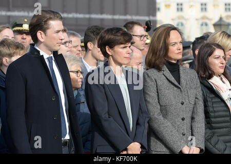 Vienna, Austria. 26 October 2017. Austrian National Day 2017 in the presence of the Federal President and the Austrian Federal Government at Heldenplatz in Vienna. Over 1000 recruits were engaged in the service in the army. In the picture Foreign Minister (from L to R) Sebastian Kurz,  Federal Minister Rendi Wagner and Federal Minister Sonja Hammerschmid.  Credit: Franz Perc / Alamy Live News Stock Photo