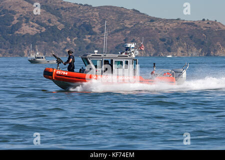 Coast Guard MSST in a Defender-class boat, aka Response Boat – Small (RB-S), patrols San Francisco Bay during 2017 Fleet Week activities. Stock Photo