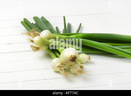 two bunches of spring onion on white wooden background Stock Photo