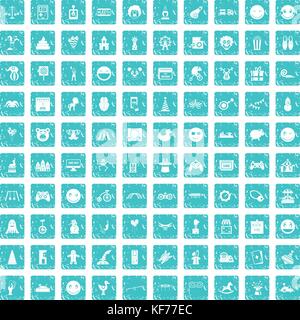 100 funny icons set grunge blue Stock Vector