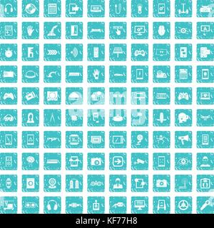 100 gadget icons set grunge blue Stock Vector