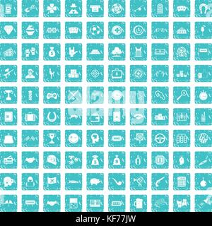 100 gambling icons set grunge blue Stock Vector
