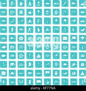100 asian icons set grunge blue Stock Vector