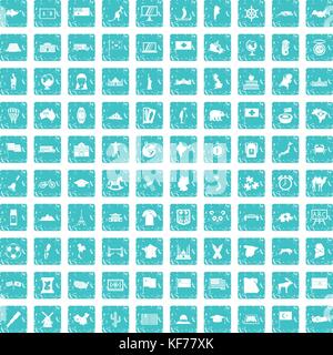 100 geography icons set grunge blue Stock Vector