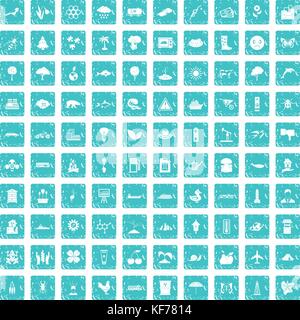100 global warming icons set grunge blue Stock Vector