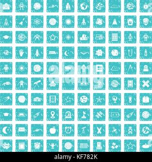 100 astronomy icons set grunge blue Stock Vector
