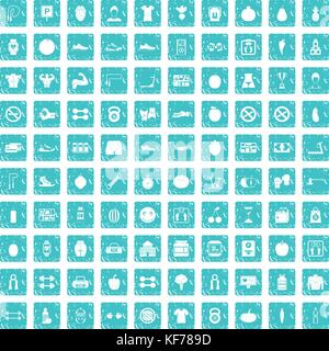 100 gym icons set grunge blue Stock Vector