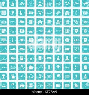 100 hacking icons set grunge blue Stock Vector