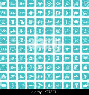 100 hand icons set grunge blue Stock Vector