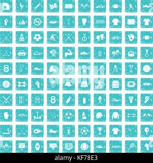 100 athlete icons set grunge blue Stock Vector