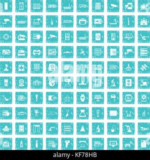 100 hardware icons set grunge blue Stock Vector
