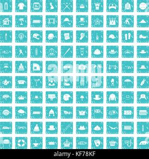 100 hat icons set grunge blue Stock Vector