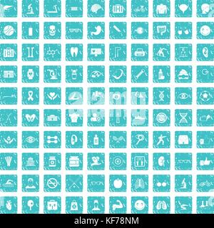 100 health icons set grunge blue Stock Vector