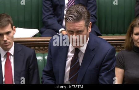 Shadow Brexit secretary Sir Keir Starmer asks an urgent question in the House of Commons, London on Brexit as he pushed for the Opposition's amendment to the European Union (Withdrawal) Bill over a meaningful vote to be accepted. Stock Photo