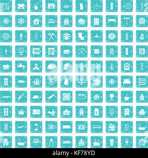 100 heating icons set grunge blue Stock Vector