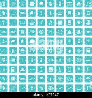 100 history icons set grunge blue Stock Vector