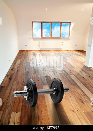 Modern interior with wooden floor and dumbbells in foreground Stock Photo -  Alamy