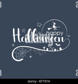 Happy Halloween handwritten lettering. Modern vector hand drawn calligraphy with spider web, stars, flying witch, bat and other elements Stock Vector