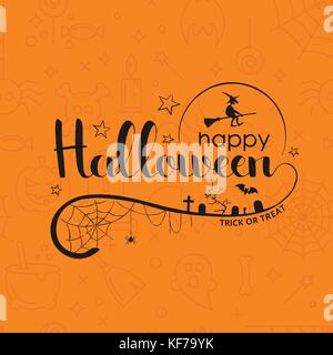 Happy Halloween handwritten lettering. Modern vector hand drawn calligraphy with spider web, stars, flying witch, bat and other elements Stock Vector