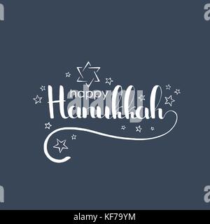 Happy Hanukkah handwritten lettering. Jewish festival of lights. Modern vector hand drawn calligraphy with abstract star of David and other stars Stock Vector