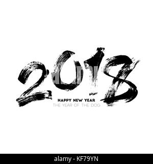 Brush painted vector illustration of the 2018 New Year. The year of the dog. Handwritten lettering isolated on white background for your design Stock Vector