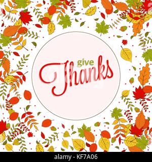 Give Thanks lettering. Happy Thanksgiving Day background with falling colorful hand drawn autumn leaves for your greeting card design Stock Vector