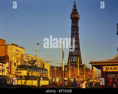 A tram by Blackpool tower, Lancashire, England, UK Stock Photo