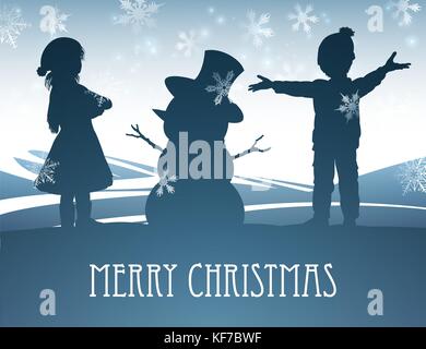 Kids Building Snowman Christmas Scene Stock Vector