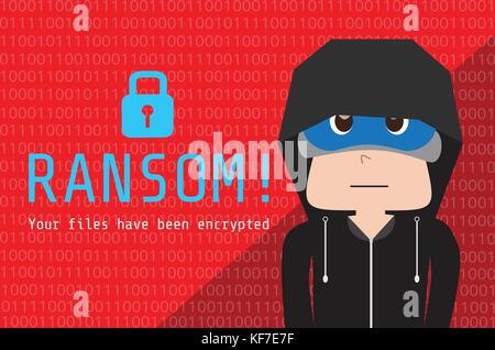 Illustration of hoodie people on background data that encrypted by ransom ware, Hacker and WannaCrypt ransom malware computer concept. Stock Vector
