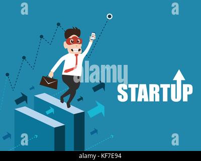 Illustration of entrepreneurship, start up business man concept. Character design of business man with holding mobile phone over graph background. Stock Vector