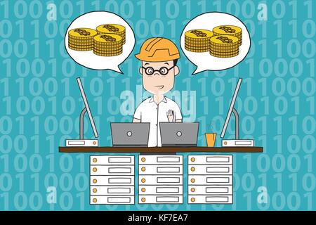 Illustration of bitcoin mining over binary background in hand drawing style. Electronic mining concept background. Stock Vector