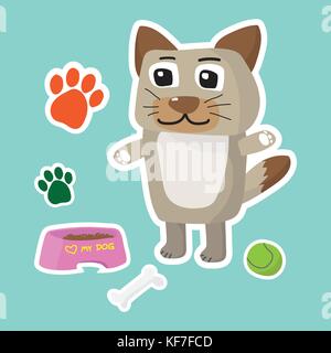 Cute dog cartoon sticker set on blue background vector illustration Stock Vector