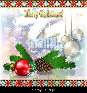 abstract celebration greeting with pine branch cone and Christmas decorations Stock Vector