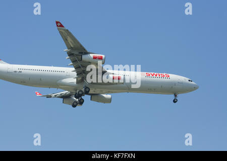 CHIANGMAI THAILAND - DECEMBER 2 2008: HB-JMI Airbus A340-300 of Swissair, Landing to Chiangmai airport from Zurich . Stock Photo