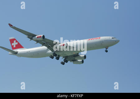 CHIANGMAI THAILAND - DECEMBER 2 2008: HB-JMI Airbus A340-300 of Swissair, Landing to Chiangmai airport from Zurich . Stock Photo