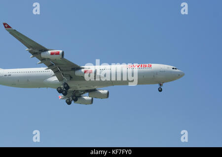 CHIANGMAI THAILAND - DECEMBER 2 2008: HB-JMI Airbus A340-300 of Swissair, Landing to Chiangmai airport from Zurich . Stock Photo