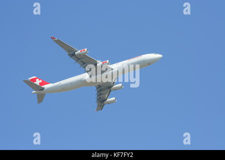 CHIANGMAI THAILAND - DECEMBER 2 2008: HB-JMI Airbus A340-300 of Swissair, Take off from Chiangmai airport to Singapore. Stock Photo