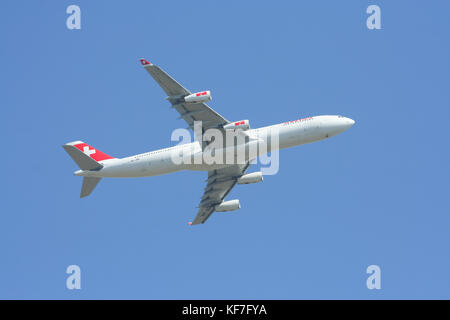 CHIANGMAI THAILAND - DECEMBER 2 2008: HB-JMI Airbus A340-300 of Swissair, Take off from Chiangmai airport to Singapore. Stock Photo