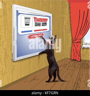 Black cat presses the button on the screen Stock Vector