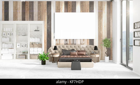 Fashionable modern loft interior with empty frame and copyspace in horizontal arrangement. 3D rendering. Stock Photo