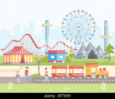Vector flat style illustration of amusement park for kids. Isolated on ...