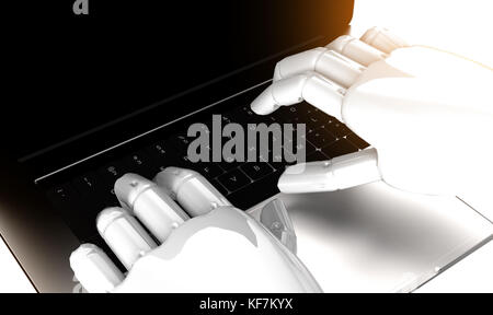 Robotic , artificial intelligence , robo advisor , chatbot , machine learning technology concept. Robot finger point to laptop keyboard button with fl Stock Photo