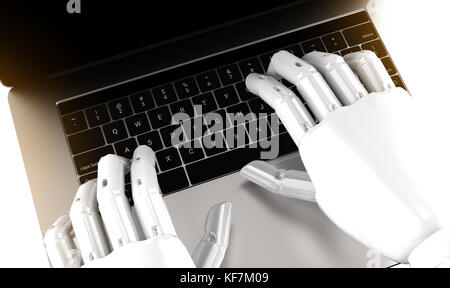 Robotic , artificial intelligence , robo advisor , chatbot , machine learning technology concept. Robot finger point to laptop keyboard button with fl Stock Photo