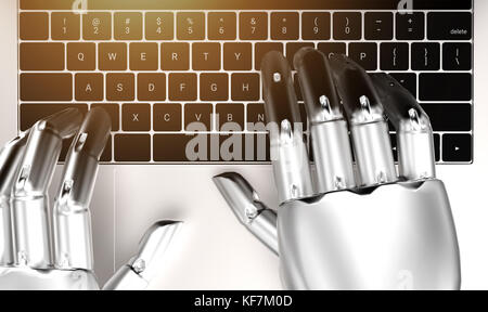 Robotic , artificial intelligence , robo advisor , chatbot , machine learning technology concept. Robot finger point to laptop keyboard button with fl Stock Photo