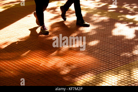Shadows and silhouettes of two people walking in motion blur and trees in autumn sunset sunlight on city street sidewalk Stock Photo