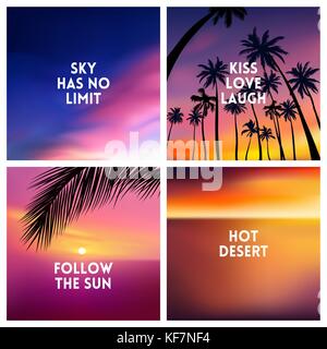 Summer tropical backgrounds set with palms, sky and sunset. Stock Vector