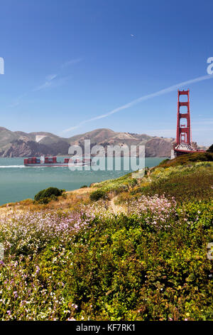USA, California, San Francisco, a view of the Golden Gate Bridge from the South end, a container ship prepares to pass under Stock Photo
