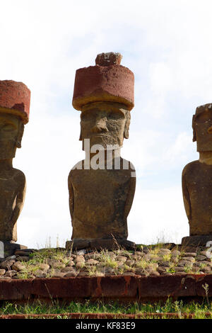 EASTER ISLAND, CHILE, Isla de Pascua, Rapa Nui, the Ahu Nao-Nao Moai statues on the Anakena white coral beach in Rapa Nui National Park Stock Photo