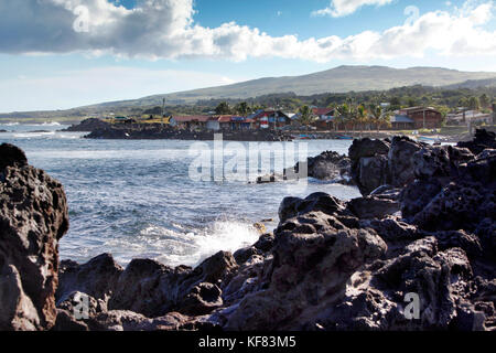 EASTER ISLAND, CHILE, Isla de Pascua, Rapa Nui, waves crash against the rocks along the shoreline near Hanga Roa Stock Photo